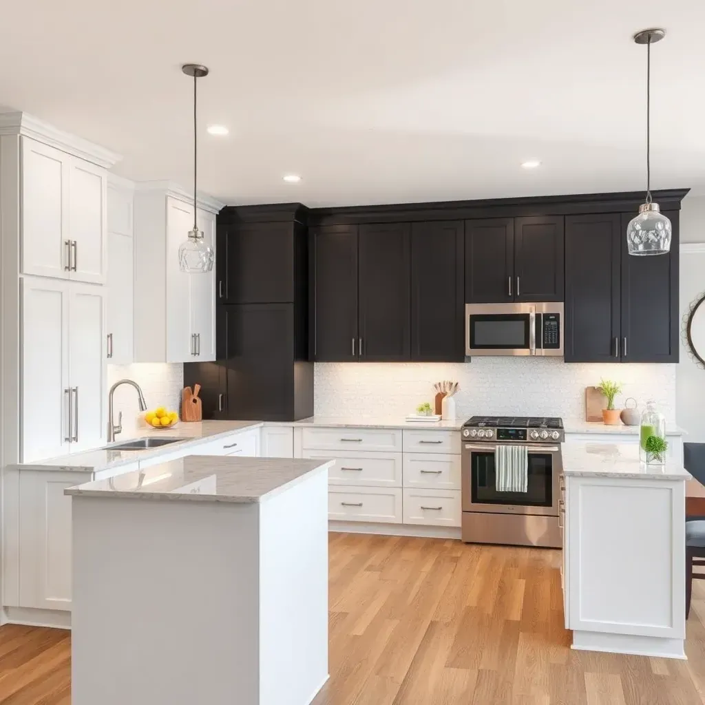 Modern kitchen in Parkton, MD with navy blue, wood cabinets, quartz countertops, stainless steel appliances, and large windows.
