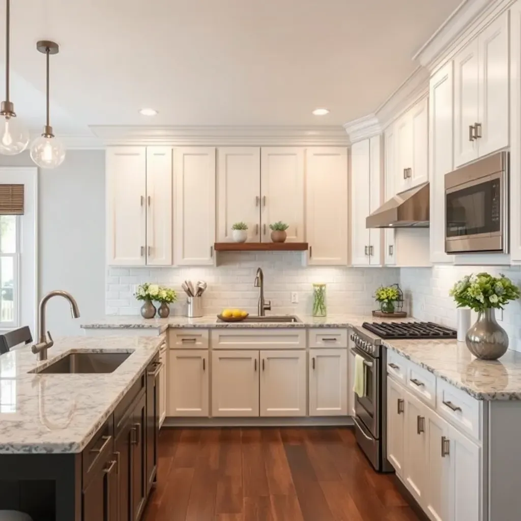 Modern New Market, MD kitchen with sleek white cabinets, granite countertops, stainless appliances, hardwood floors, and natural light.