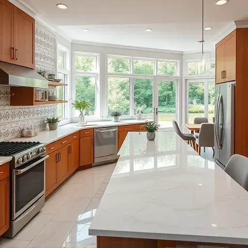 Renovated Gambrills MD kitchen with quartz countertops stainless steel appliances custom wood cabinetry island pendant lighting and natural light