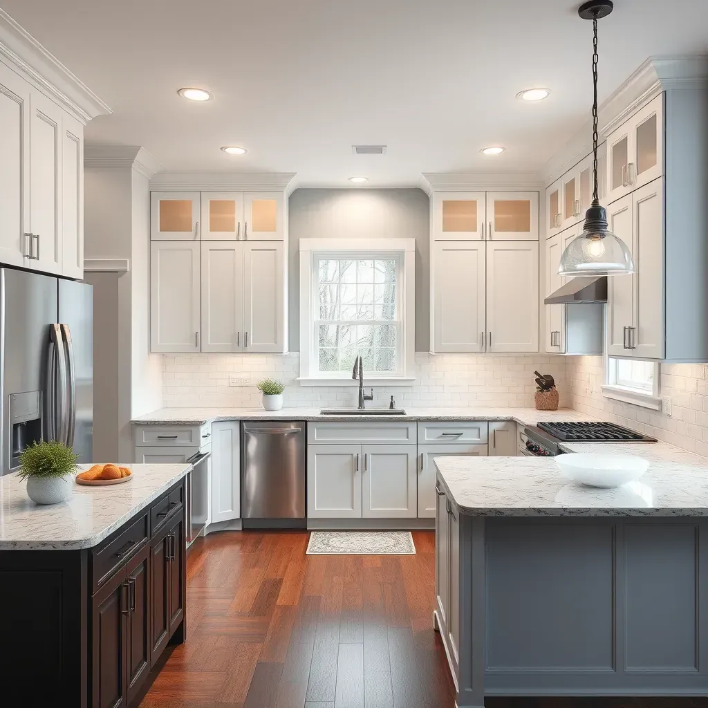 Modern Maryland kitchen with quartz counters, matte greige cabinets, big island, stainless appliances, hardwood floors, and natural light.