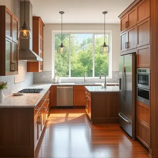 Remodeled Hughesville MD kitchen with granite counters stainless steel appliances custom cabinets hardwood floors and garden view