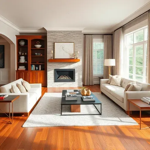 Remodeled living room in Marriottsville MD blends modern and traditional design with a fireplace and elegant decor.