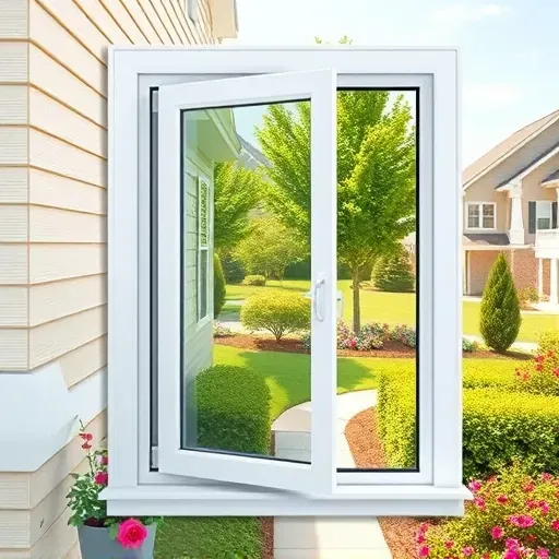Newly installed white vinyl window on modern Pasadena house overlooking lush garden and landscaped yard