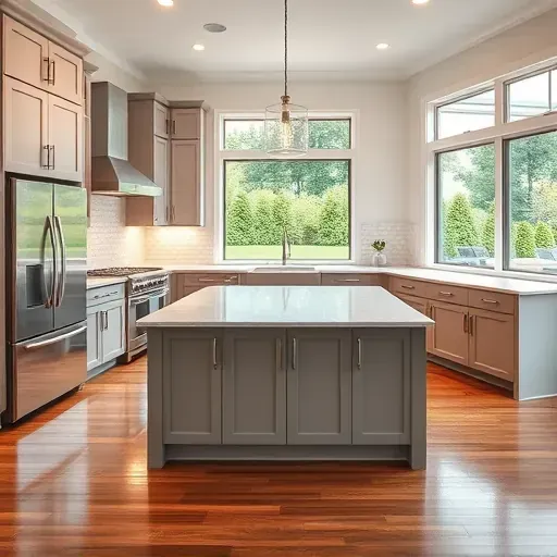 Recently remodeled modern kitchen in Brandywine MD with sleek cabinetry, stainless steel appliances, quartz island, and large windows