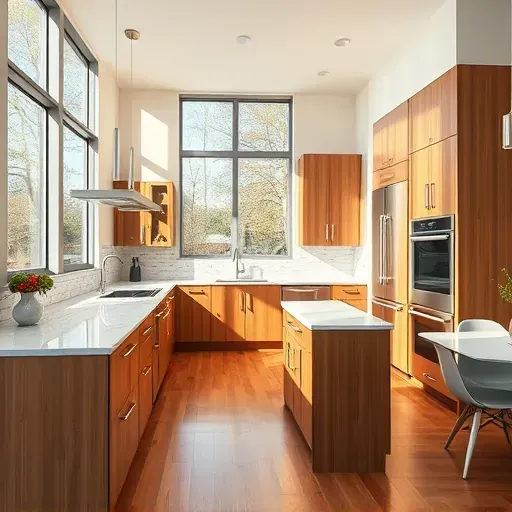 Modern Pasadena kitchen with wooden cabinets stainless steel appliances marble island hardwood floor and bright natural light