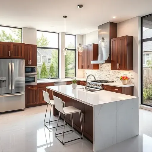 Remodeled kitchen in Millersville MD with modern design, stainless steel appliances, quartz countertops, and stylish lighting.