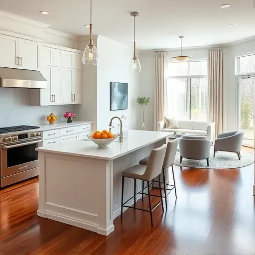 Modern kitchen remodel in Hanover MD featuring sleek appliances, marble counters, and a bright open layout with elegant decor.