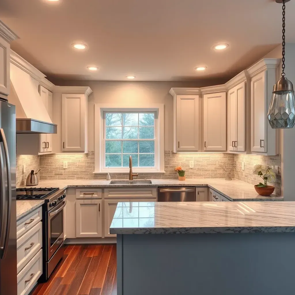 Modern Fulton, MD kitchen with white shaker cabinets, marble countertops, stainless appliances, hardwood floors, and ample natural light.