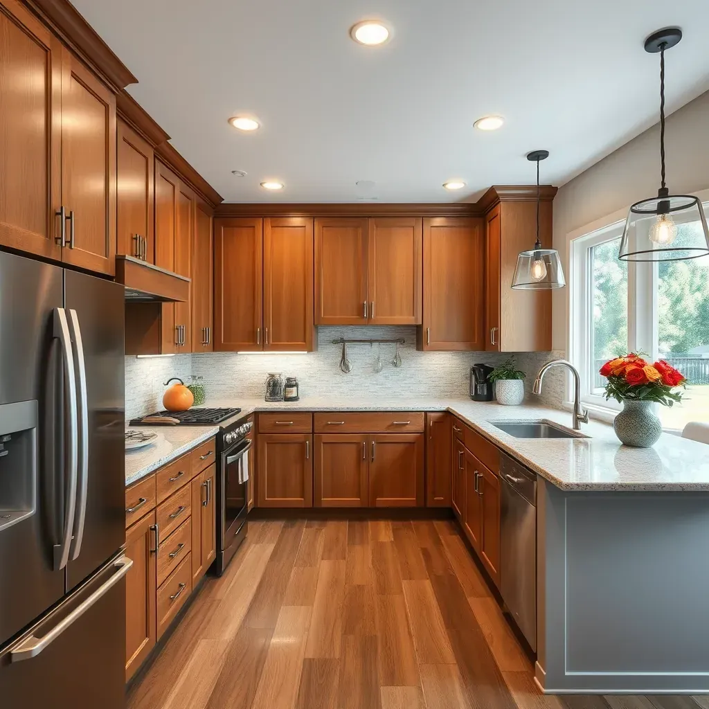 Modern Middletown kitchen with neutral tones, shaker cabinets, quartz countertops, large island, stainless appliances, hardwood floors.