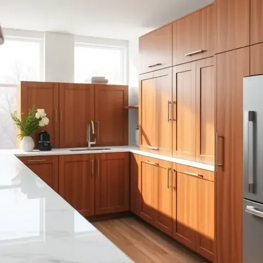 Newly replaced high-gloss wooden kitchen cabinet door with elegant hardware in a modern Pasadena MD kitchen with natural light and sleek countertops