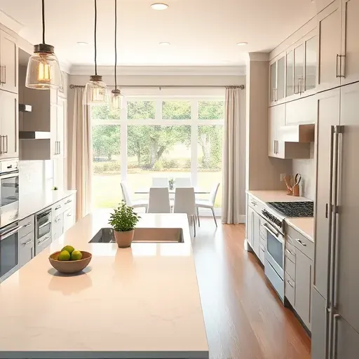 Remodeled Middletown MD kitchen with sleek matte cabinets, stainless steel appliances, quartz countertops, and sunny dining area