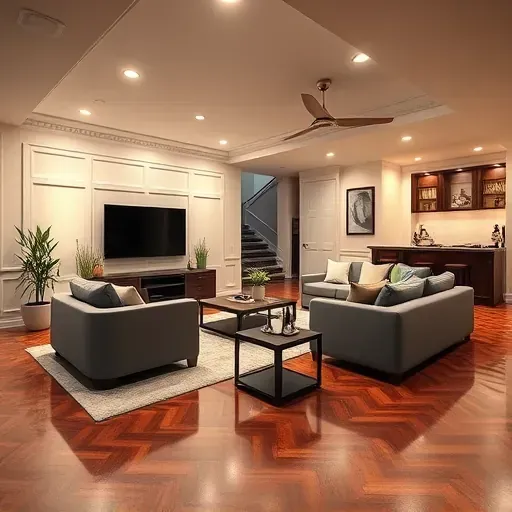 Recently remodeled modern basement in Pasadena MD featuring stylish furniture, cozy sectional, fixed TV, artwork, plants, and polished hardwood flooring