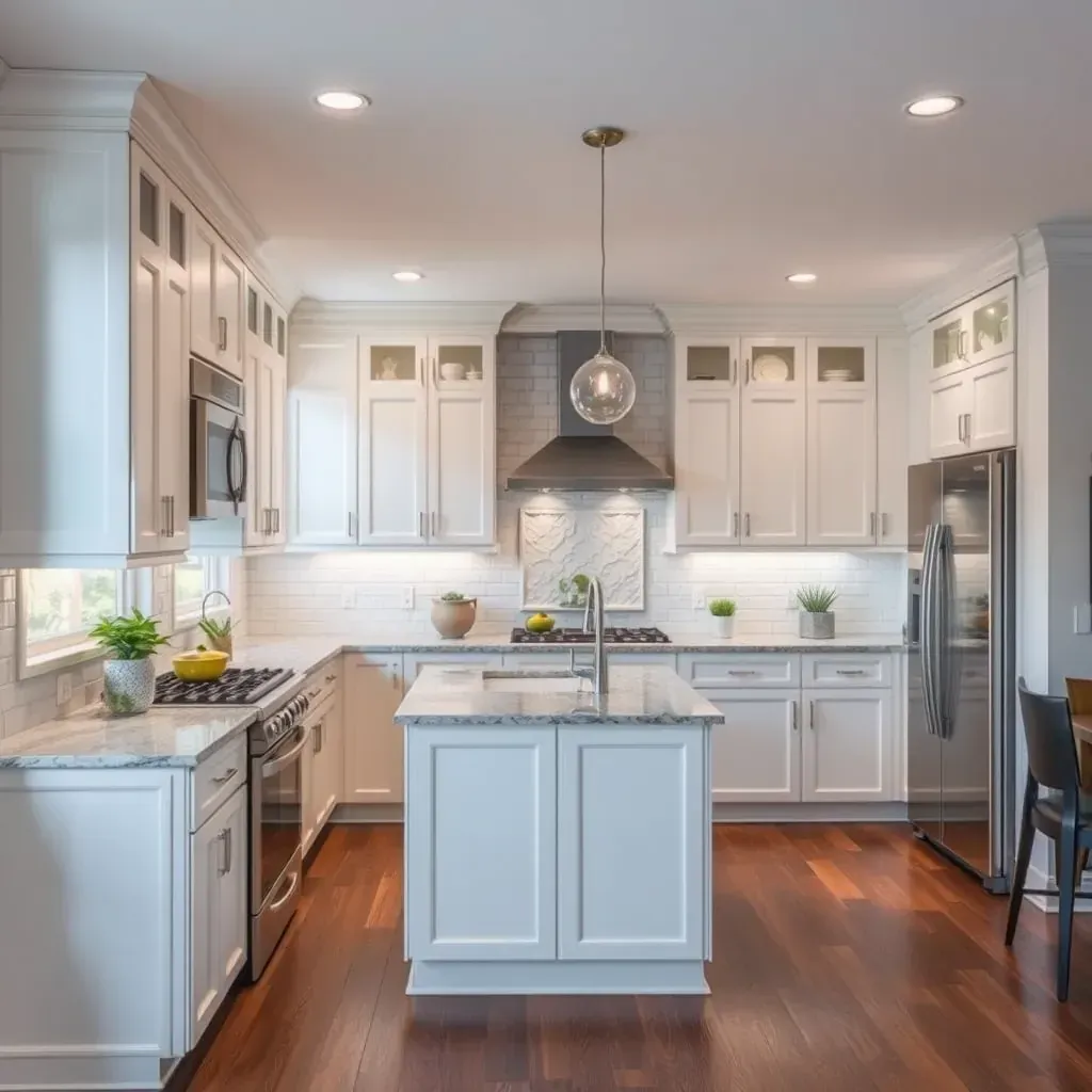 Modern Rockville kitchen with sleek neutral cabinets, quartz countertops, stainless steel appliances, and natural lighting.