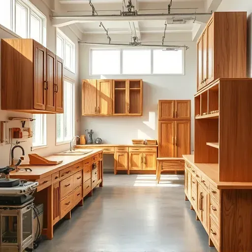 Custom woodworking workshop with polished wooden cabinets, tools, machinery, and natural light highlighting craftsmanship