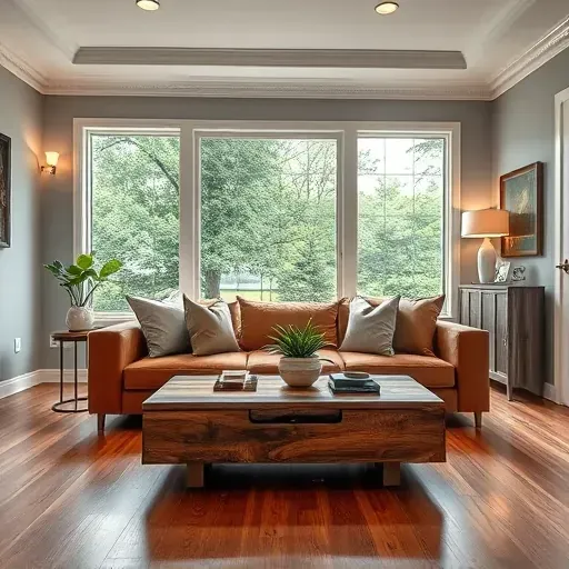 Remodeled living room in Clarksville MD with modern sofa, reclaimed wood coffee table, and elegant hardwood flooring.