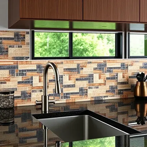 Vibrant tile backsplash with intricate patterns installed behind a dark granite countertop in a modern kitchen