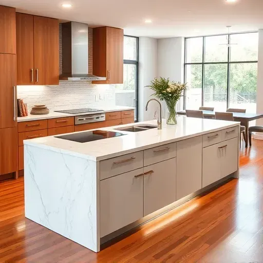 Modern upscale Pasadena kitchen with granite island, stainless steel fixtures, warm wood cabinetry, induction cooktop, and bright natural light