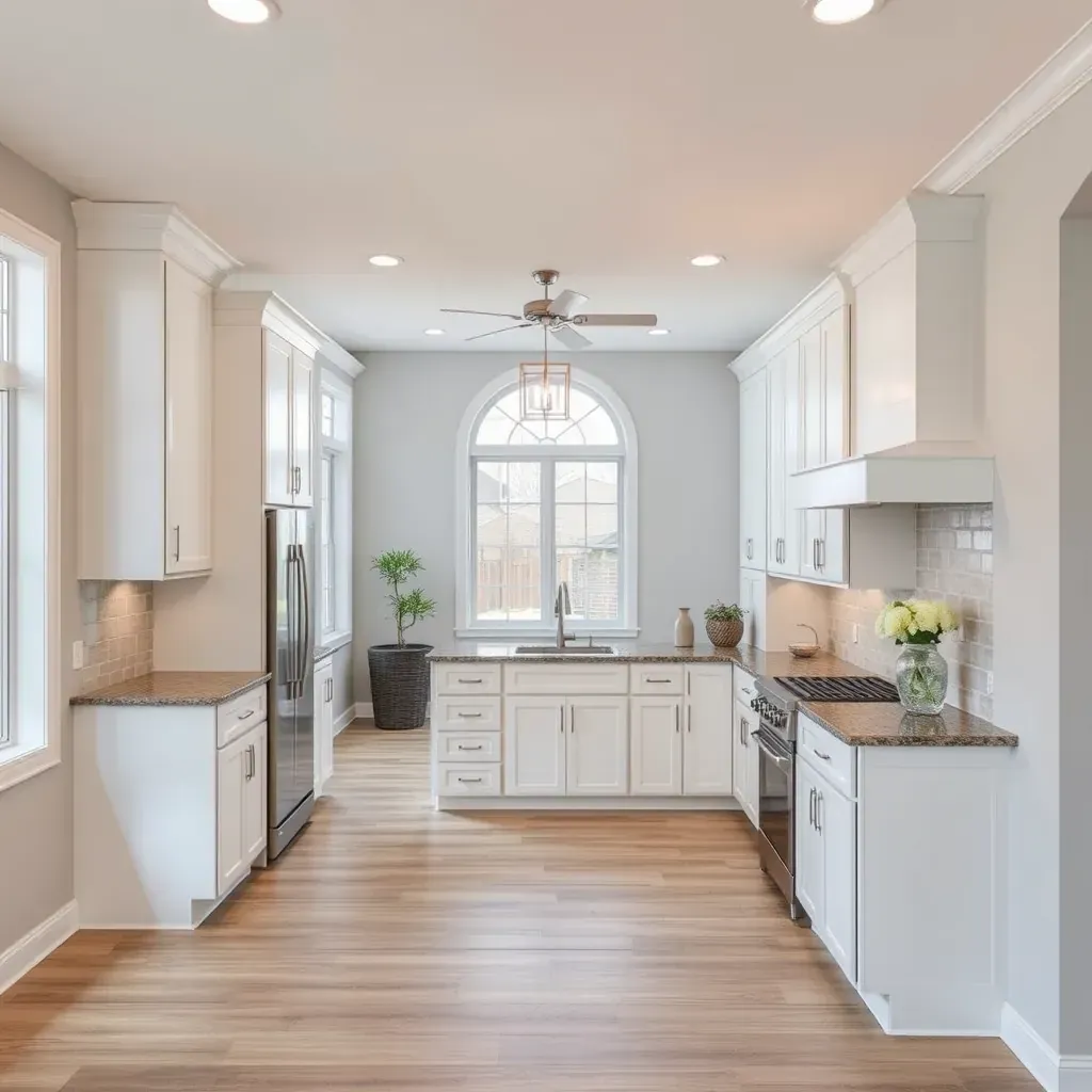 Renovation in Clarksburg, MD: modern living room with fresh paint, construction tools, exposed beams, and lush outdoor view.
