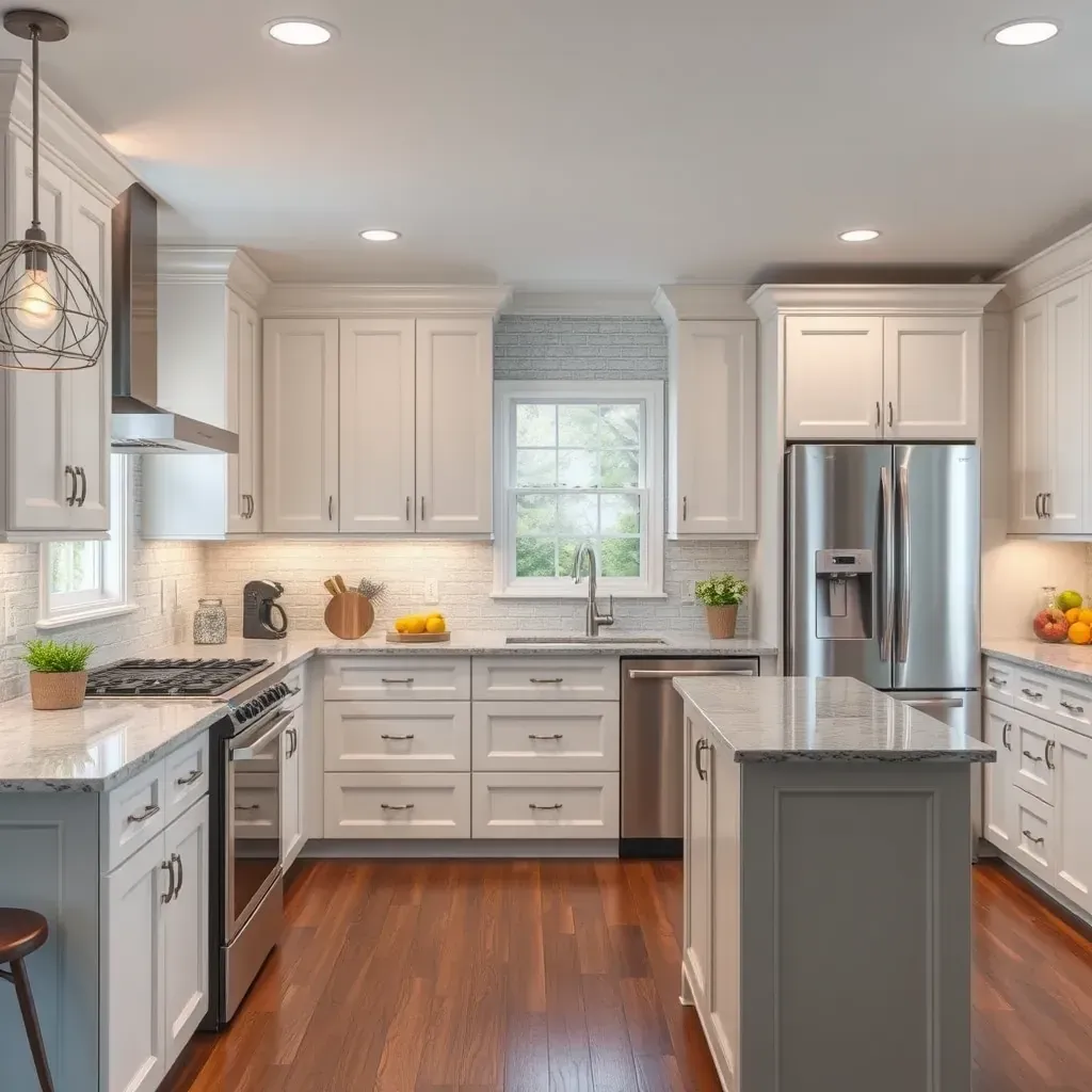 A renovated Fulton, MD kitchen with modern gray cabinets, quartz countertops, farmhouse sink, subway tile backsplash, stainless appliances, hardwood floors, and a central island.