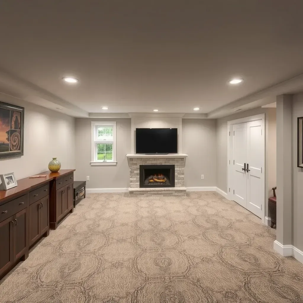 Modern basement in Pasadena, MD with dark hardwood floors, cozy seating, built-in shelves, and a mini bar setup.
