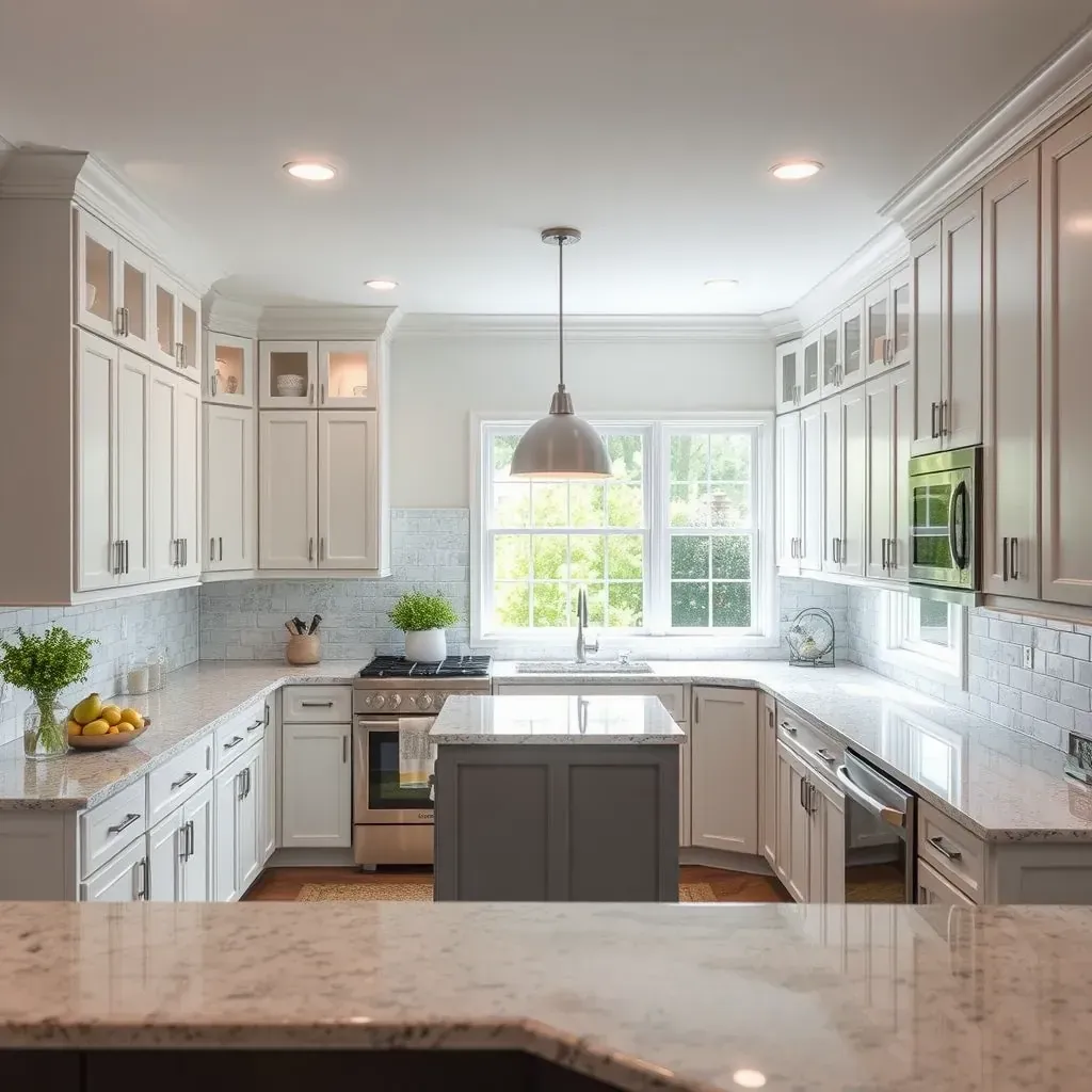 Modern White Marsh kitchen with white cabinets, marble countertops, stainless appliances, dark hardwood floors, and lush window views.