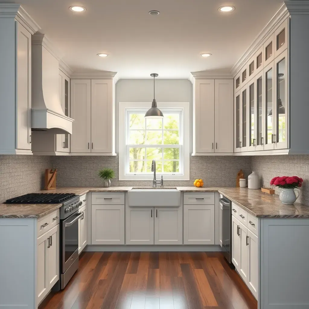 Bethesda, MD kitchen with navy blue cabinets, white quartz countertops, stainless steel appliances, and a walnut island.