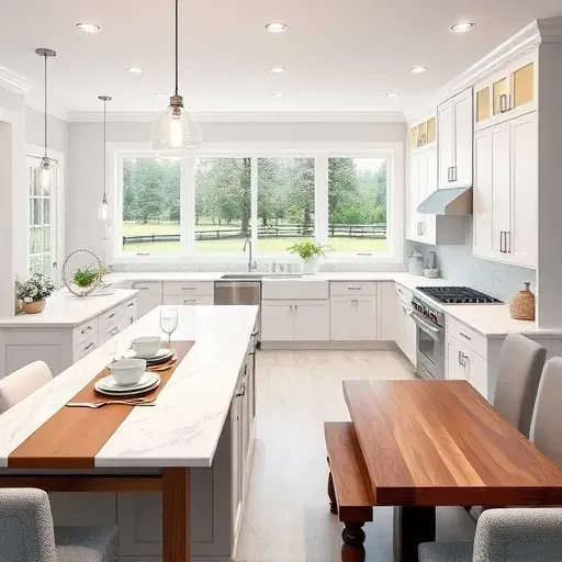 Modern kitchen remodel in White Marsh MD featuring white cabinetry, quartz countertops, farmhouse sink, and ample lighting.