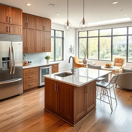 Recently remodeled Derwood MD kitchen with modern design, stainless steel appliances, marble island, and warm wood cabinets