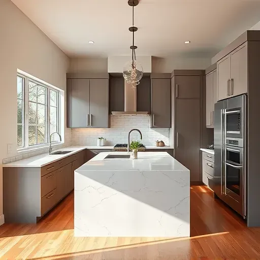 Completed modern kitchen in Rockville MD with sleek matte cabinets quartz island stainless steel appliances and hardwood floors
