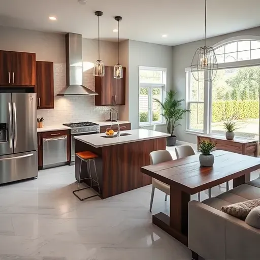 Modern kitchen in New Market MD with walnut cabinetry, marble countertops, and stainless steel appliances in a bright layout.