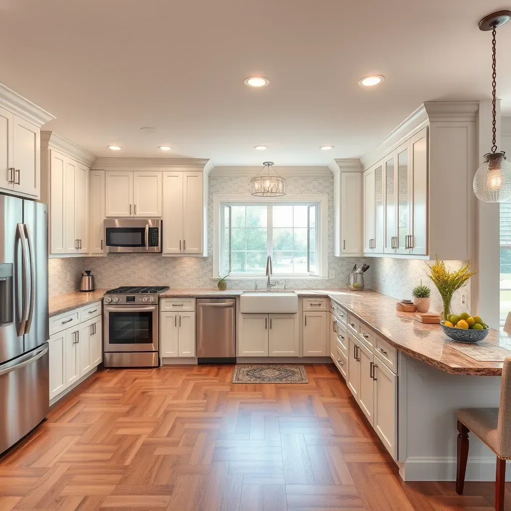 Detailed image of a modern kitchen remodel in Phoenix, MD, featuring new cabinets, countertops, and stylish lighting fixtures.