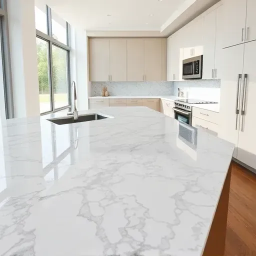 Freshly installed polished granite kitchen countertop in Pasadena MD with gray and white veining, family-friendly and elegant