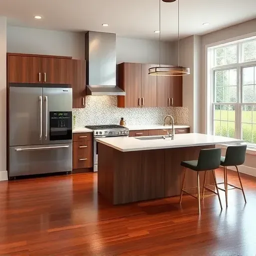Modern kitchen remodel in Fulton, MD features walnut cabinetry, quartz countertops, and custom tile backsplash.
