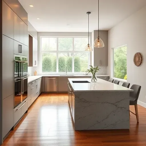 Recently remodeled modern kitchen in Myersville MD with sleek matte cabinets granite island stainless steel appliances hardwood floors and stylish backsplash