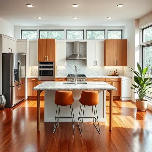 Modern kitchen remodel in Gambrills MD featuring granite countertops, minimalist island, and stylish cabinetry.