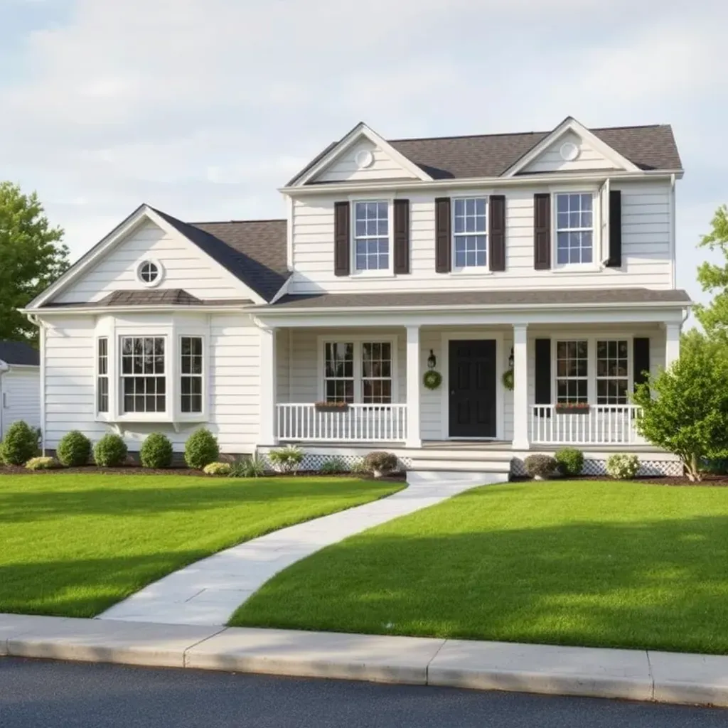 Beautiful renovated Middletown, MD home exterior with modern updates, lush landscaping, and scenic rural background.