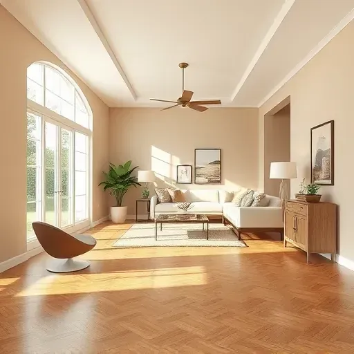 Bright Pasadena interior with smooth beige and taupe walls, polished hardwood floors, modern decor, large windows, and stylish lighting