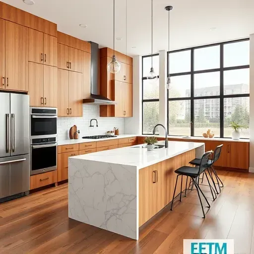 Recently remodeled Myersville MD kitchen with modern wood cabinetry, marble island, stainless steel appliances, textured subway tiles, hardwood floors, large windows, and stylish pendant lighting