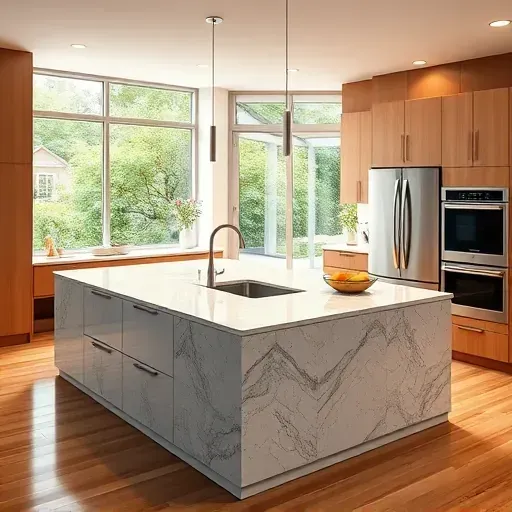 Freshly completed modern kitchen in Pasadena with a polished granite island, sleek cabinetry, stainless steel appliances, and lush garden view