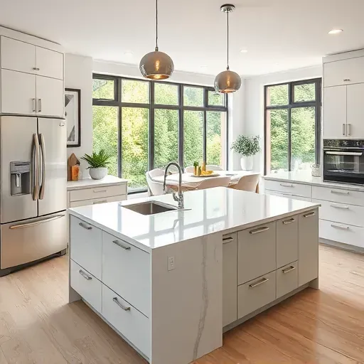 Renovated kitchen in Ellicott City with modern cabinetry, quartz island, and garden views through large windows.
