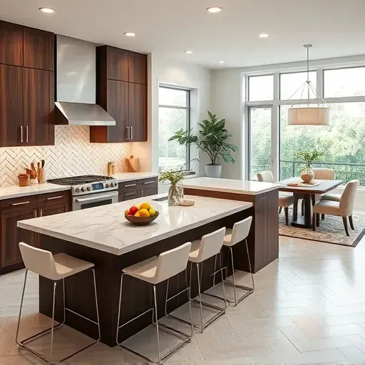 Modern kitchen remodel in Fulton MD featuring dark wood cabinetry, white marble countertops, and herringbone backsplash.