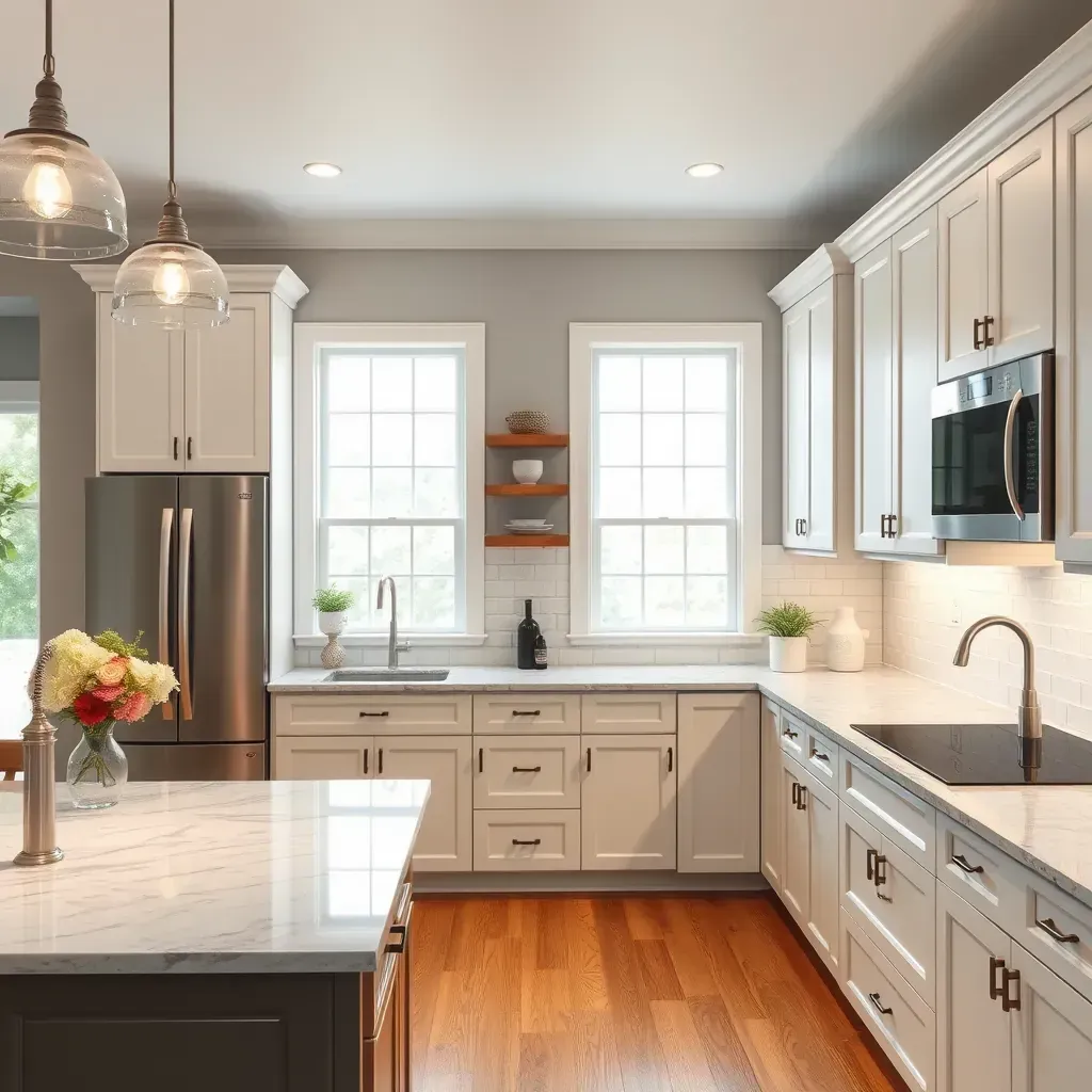 Modern kitchen in Glen Arm, MD with sleek neutral cabinets, quartz countertops, dark island, subway tile backsplash, and stainless appliances.