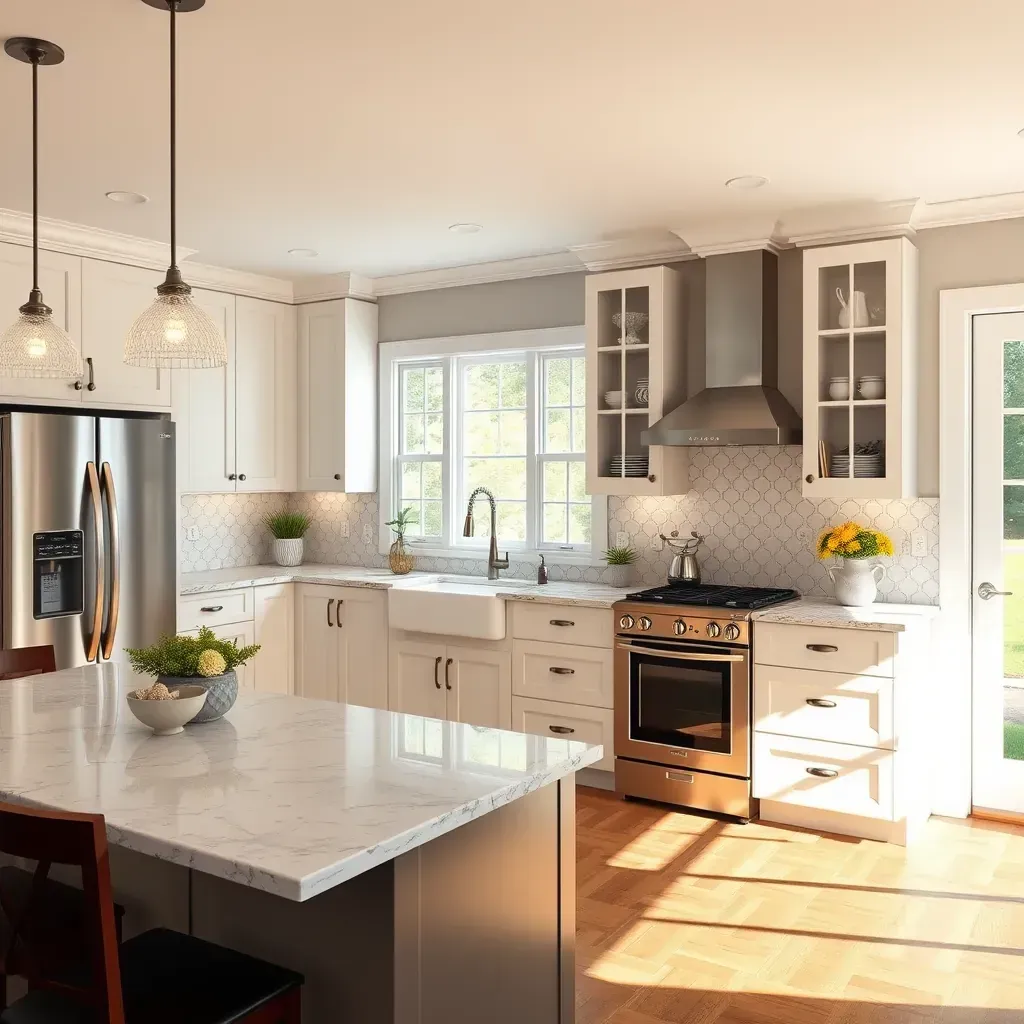 Modern Highland, MD kitchen with white shaker cabinets, quartz counters, island, stainless steel appliances & hardwood floors.