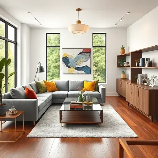 Modern living room remodel in Glen Arm MD featuring sleek furniture, plush grey sofa, and stylish pendant lighting.