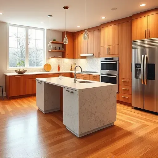 Recently remodeled kitchen in Ijamsville MD features modern cabinetry, spacious marble island, and high-end appliances.