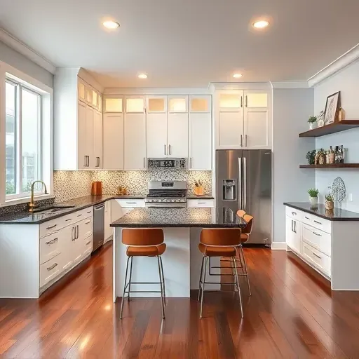Modern kitchen remodel in Dayton, MD features sleek white cabinets, dark granite counters, and stainless steel appliances.
