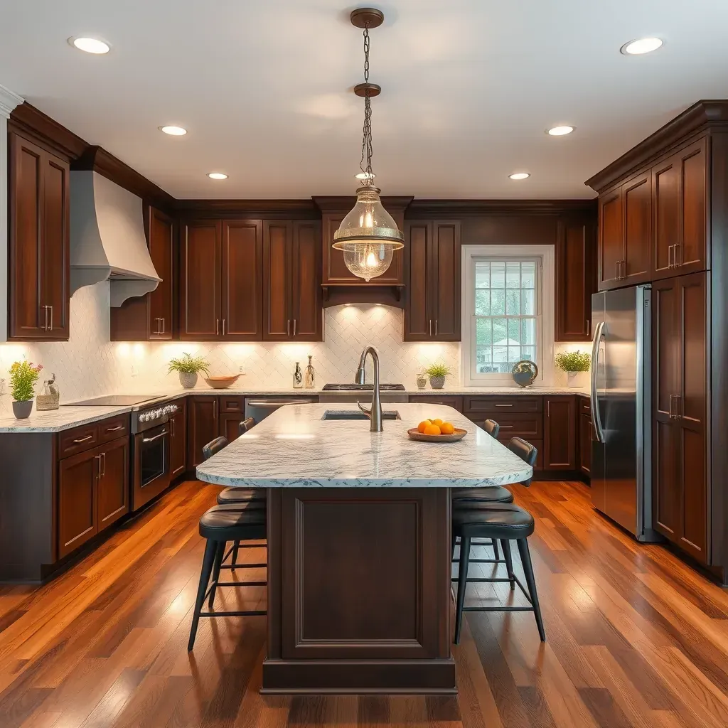Modern Brandywine kitchen with open layout, quartz countertops, shaker cabinets, stainless appliances, and natural light.