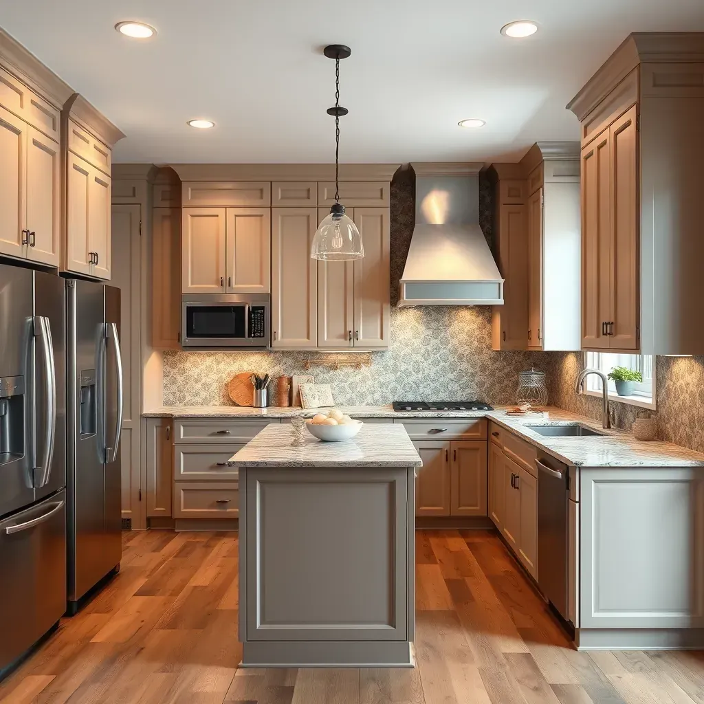 Modern Gibson Island, MD kitchen with navy cabinets, quartz counters, stainless appliances, hardwood floors, large windows.