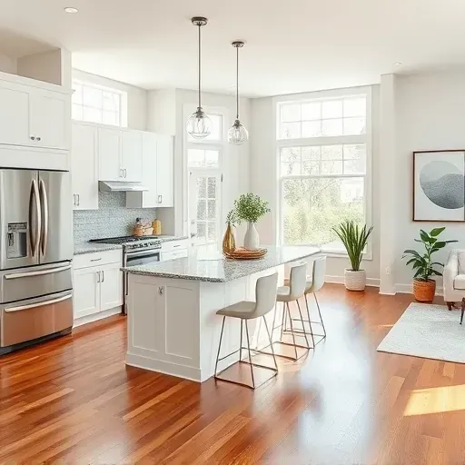 Modern kitchen renovation in White Marsh MD with stainless steel appliances, granite countertops, and soft white cabinetry.