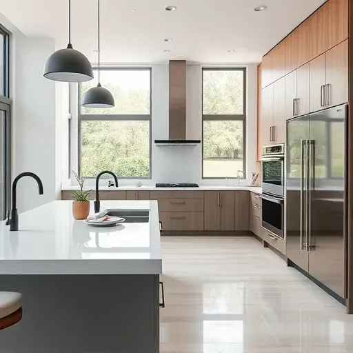 Remodeled Silver Spring kitchen with quartz countertops black fixtures stainless appliances large island natural light